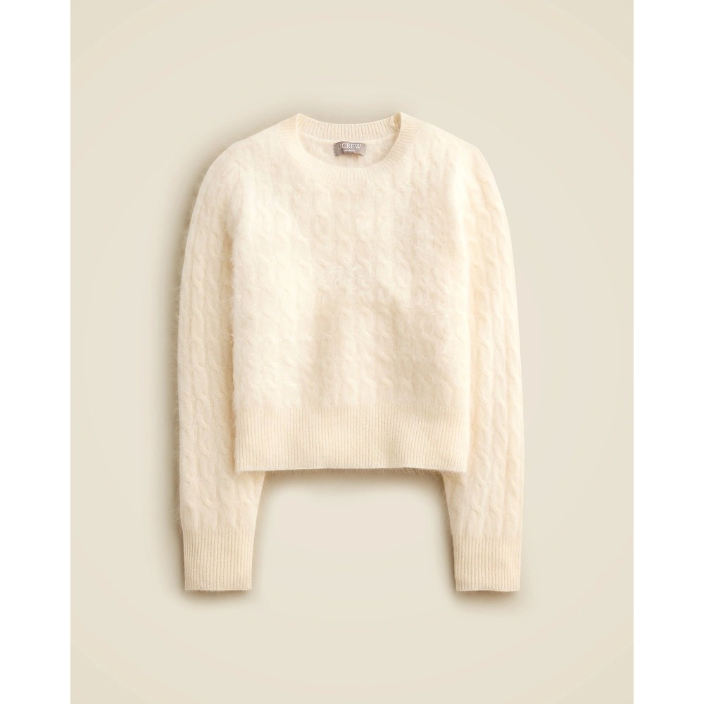 J.Crew Women's Brushed Cashmere Shrunken Cable-Knit Crewneck Sweater Ivory- XL